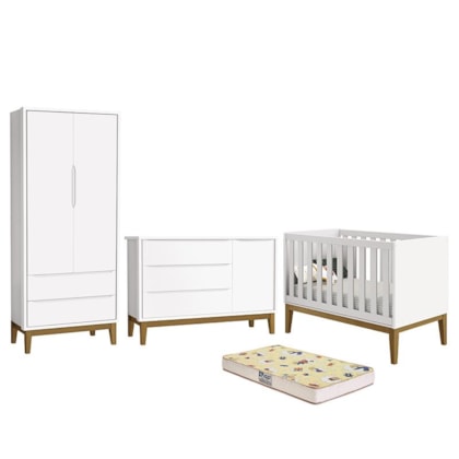 Dormitório Infantil Classic 2 Portas, Cômoda 1 Porta, Berço Branco Fosco com Pés Amadeirado e Colchão D18 - Reller Móveis