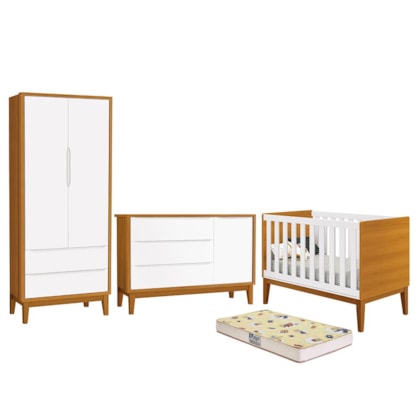 Dormitório Infantil Classic 2 Portas, Cômoda 1 Porta, Berço Branco/Savana com Pés Amadeirado e Colchão D18 - Reller Móveis