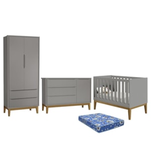 Dormitório Infantil Classic 2 Portas, Cômoda 1 Porta, Berço Cinza Fosco com Pés Amadeirado e Colchão - Reller Móveis