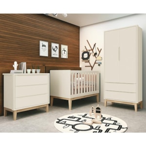 Dormitório Infantil Classic 2 Portas, Cômoda 3 Gavetas, Berço Areia Fosco com Pés Madeira Natural e Colchão - Reller Móveis 