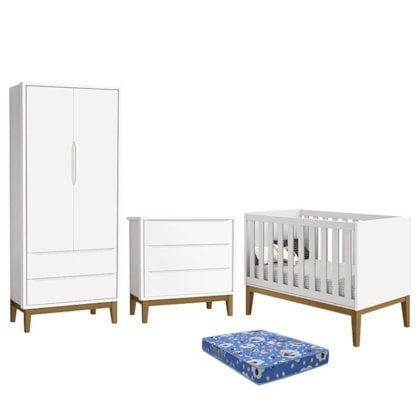 Dormitório Infantil Classic 2 Portas, Cômoda 3 Gavetas, Berço Branco Fosco com Pés Amadeirado e Colchão - Reller Móveis