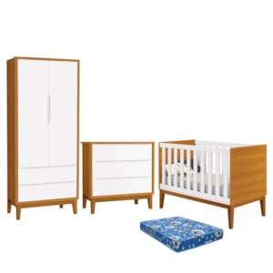 Dormitório Infantil Classic 2 Portas, Cômoda 3 Gavetas, Berço Branco/Savana com Pés Amadeirado e Colchão - Reller Móveis