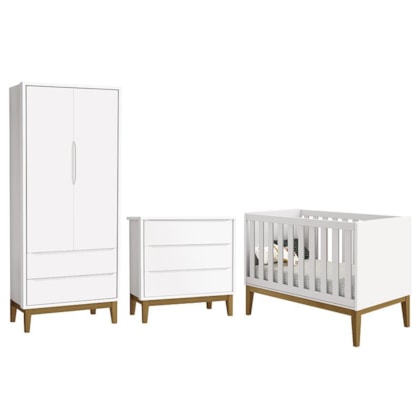 Dormitório Infantil Classic 2 Portas, Cômoda 3 Gavetas e Berço Branco Fosco com Pés Amadeirado - Reller Móveis