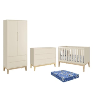 Dormitório Infantil Classic 2 Portas, Cômoda 6 Gavetas, Berço Areia Fosco com Pés Madeira Natural e Colchão - Reller Móveis 