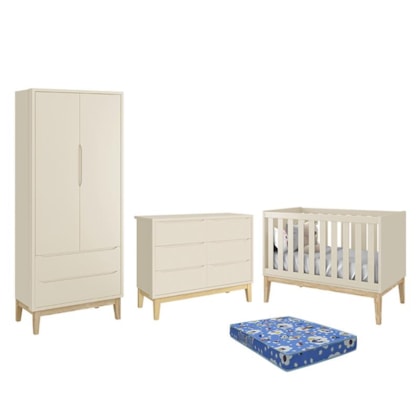 Dormitório Infantil Classic 2 Portas, Cômoda 6 Gavetas, Berço Areia Fosco com Pés Madeira Natural e Colchão - Reller Móveis 