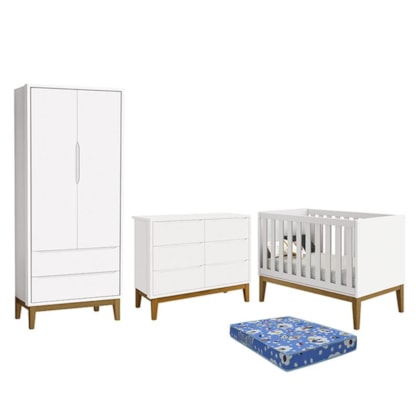 Dormitório Infantil Classic 2 Portas, Cômoda 6 Gavetas, Berço Branco Fosco com Pés Amadeirado e Colchão - Reller Móveis