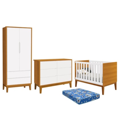 Dormitório Infantil Classic 2 Portas, Cômoda 6 Gavetas, Berço Branco/Savana com Pés Amadeirado e Colchão - Reller Móveis