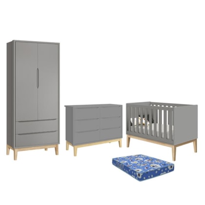 Dormitório Infantil Classic 2 Portas, Cômoda 6 Gavetas, Berço Cinza Fosco com Pés Madeira Natural e Colchão - Reller Móveis 