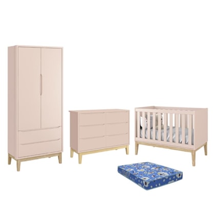 Dormitório Infantil Classic 2 Portas, Cômoda 6 Gavetas, Berço Rosa Fosco com Pés Madeira Natural e Colchão - Reller Móveis 