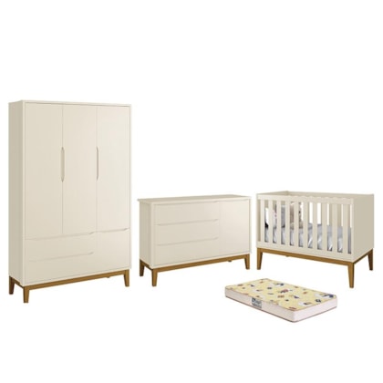 Dormitório Infantil Classic 3 Portas, Cômoda 1 Porta, Berço Areia Fosco com Pés Amadeirado e Colchão D18 - Reller Móveis