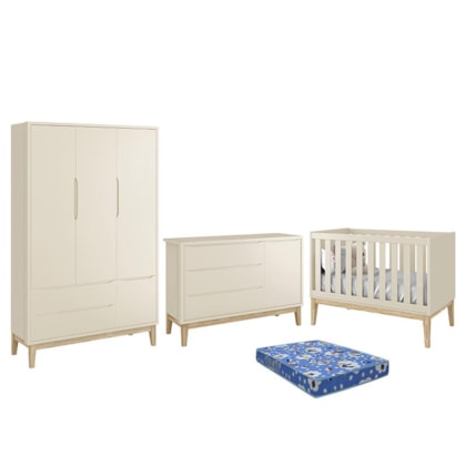 Dormitório Infantil Classic 3 Portas, Cômoda 1 Porta, Berço Areia Fosco com Pés Madeira Natural e Colchão - Reller Móveis 