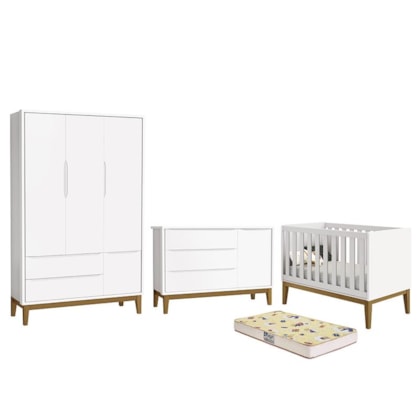 Dormitório Infantil Classic 3 Portas, Cômoda 1 Porta, Berço Branco Fosco com Pés Amadeirado e Colchão D18 - Reller Móveis