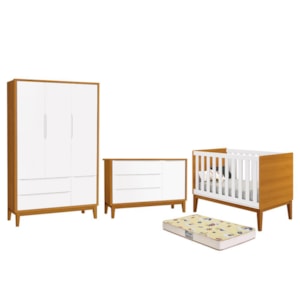 Dormitório Infantil Classic 3 Portas, Cômoda 1 Porta, Berço Branco/Savana com Pés Amadeirado e Colchão D18 - Reller Móveis