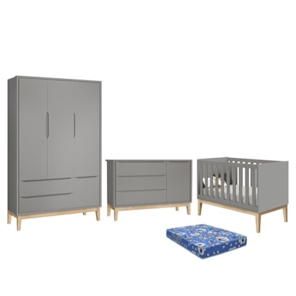 Dormitório Infantil Classic 3 Portas, Cômoda 1 Porta, Berço Cinza Fosco com Pés Madeira Natural e Colchão - Reller Móveis 