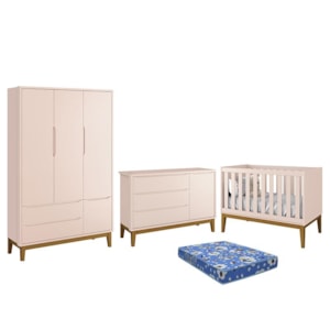 Dormitório Infantil Classic 3 Portas, Cômoda 1 Porta, Berço Rosa Fosco com Pés Amadeirado e Colchão - Reller Móveis