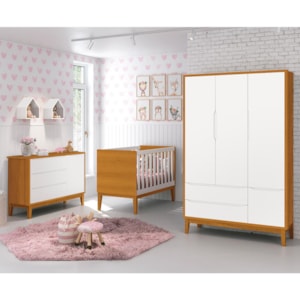 Dormitório Infantil Classic 3 Portas, Cômoda 1 Porta e Berço Branco/Savana com Pés Amadeirado - Reller Móveis