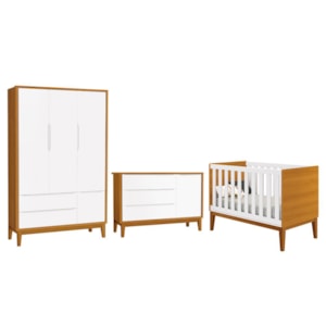 Dormitório Infantil Classic 3 Portas, Cômoda 1 Porta e Berço Branco/Savana com Pés Amadeirado - Reller Móveis