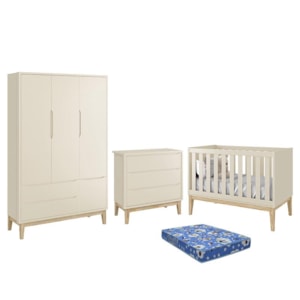 Dormitório Infantil Classic 3 Portas, Cômoda 3 Gavetas, Berço Areia Fosco com Pés Madeira Natural e Colchão - Reller Móveis 