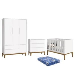 Dormitório Infantil Classic 3 Portas, Cômoda 3 Gavetas, Berço Branco Fosco com Pés Amadeirado e Colchão - Reller Móveis