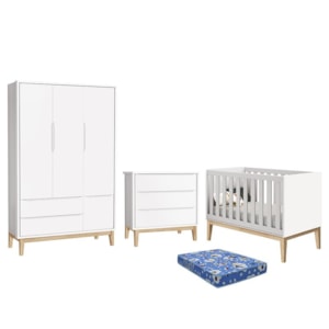 Dormitório Infantil Classic 3 Portas, Cômoda 3 Gavetas, Berço Branco Fosco com Pés Madeira Natural e Colchão - Reller Móveis 