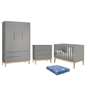 Dormitório Infantil Classic 3 Portas, Cômoda 3 Gavetas, Berço Cinza Fosco com Pés Madeira Natural e Colchão - Reller Móveis 