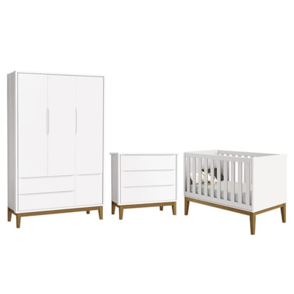 Dormitório Infantil Classic 3 Portas, Cômoda 3 Gavetas e Berço Branco Fosco com Pés Amadeirado - Reller Móveis