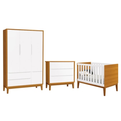 Dormitório Infantil Classic 3 Portas, Cômoda 3 Gavetas e Berço Branco/Savana com Pés Amadeirado - Reller Móveis