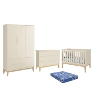 Dormitório Infantil Classic 3 Portas, Cômoda 6 Gavetas, Berço Areia Fosco com Pés Madeira Natural e Colchão - Reller Móveis