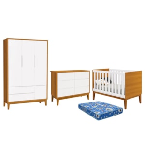 Dormitório Infantil Classic 3 Portas, Cômoda 6 Gavetas, Berço Branco/Savana com Pés Amadeirado e Colchão - Reller Móveis