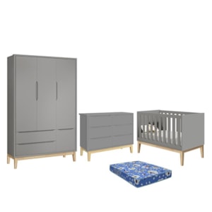 Dormitório Infantil Classic 3 Portas, Cômoda 6 Gavetas, Berço Cinza Fosco com Pés Madeira Natural e Colchão - Reller Móveis