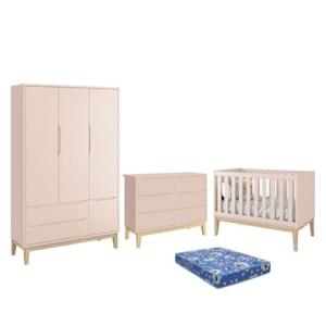 Dormitório Infantil Classic 3 Portas, Cômoda 6 Gavetas, Berço Rosa Fosco com Pés Madeira Natural e Colchão - Reller Móveis