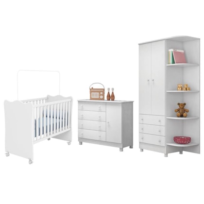 Dormitório Infantil Doce Sonho 2 Portas, Cômoda 1 Porta e Berço Branco com Rodízio - Qmovi