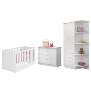 Dormitório Infantil Doce Sonho 2 Portas, Cômoda 1 Porta e Berço Mini Cama Branco - Qmovi 