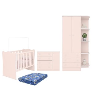 Dormitório Infantil Doce Sonho 2 Portas, Cômoda 1 Porta e Berço Rosa Acetinado com Colchão - Qmovi