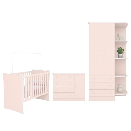 Dormitório Infantil Doce Sonho 2 Portas, Cômoda 1 Porta e Berço Rosa Acetinado - Qmovi