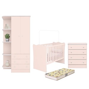 Dormitório Infantil Doce Sonho 2 Portas, Cômoda 4 Gavetas, Berço Rosa Acetinado e Colchão - Qmovi