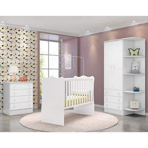 Dormitório Infantil Doce Sonho 2 Portas, Cômoda 4 Gavetas e Berço Branco com Colchão - Qmovi 