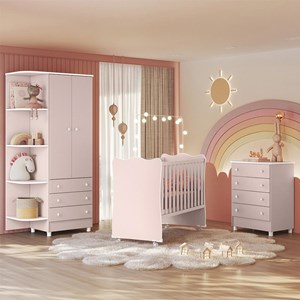Dormitório Infantil Doce Sonho 2 Portas, Cômoda 4 Gavetas e Berço Rosa Acetinado com Rodízio - Qmovi
