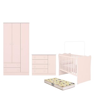 Dormitório Infantil Doce Sonho 3 Portas, Cômoda 1 Porta, Berço Rosa Acetinado e Colchão - Qmovi