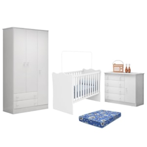 Dormitório Infantil Doce Sonho 3 Portas, Cômoda 1 Porta e Berço Branco com Colchão - Qmovi