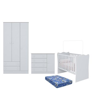 Dormitório Infantil Doce Sonho 3 Portas, Cômoda 1 Porta e Berço Cinza Acetinado com Colchão - Qmovi