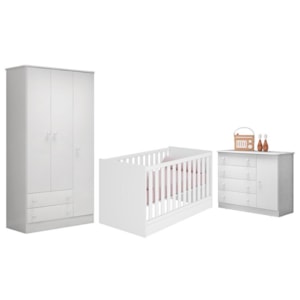 Dormitório Infantil Doce Sonho 3 Portas, Cômoda 1 Porta e Berço Mini Cama Branco - Qmovi 