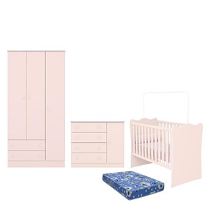 Dormitório Infantil Doce Sonho 3 Portas, Cômoda 1 Porta e Berço Rosa Acetinado com Colchão - Qmovi