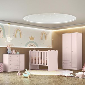 Dormitório Infantil Doce Sonho 3 Portas, Cômoda 1 Porta e Berço Rosa Acetinado com Colchão - Qmovi