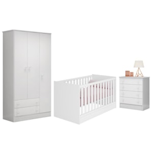 Dormitório Infantil Doce Sonho 3 Portas, Cômoda 4 Gavetas e Berço Mini Cama Branco - Qmovi 