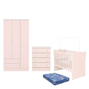 Dormitório Infantil Doce Sonho 3 Portas, Cômoda 4 Gavetas e Berço Rosa Acetinado com Colchão - Qmovi