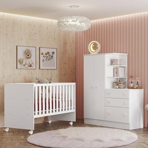 Dormitório Infantil Doce Sonho Guarda Roupa com Cômoda e Berço Reto Branco - Qmovi  
