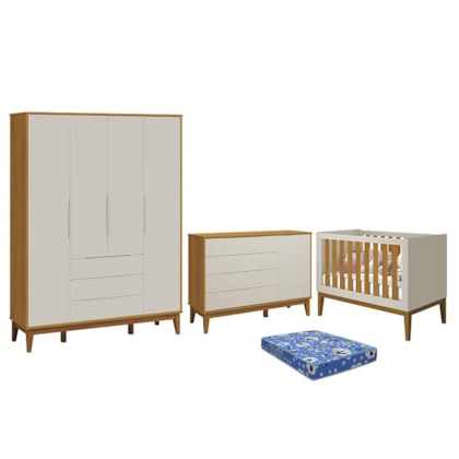 Dormitório Infantil Elfe Classic Guarda Roupa, Cômoda 1 Porta, Berço Noah Areia/Savana Pés Amadeirado e Colchão - Reller Móveis 