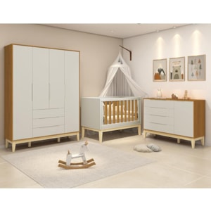 Dormitório Infantil Elfe Classic Guarda Roupa, Cômoda 1 Porta, Berço Noah Areia/Savana Pés Madeira Natural e Colchão D18 - Reller Móveis 