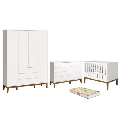 Dormitório Infantil Elfe Classic Guarda Roupa, Cômoda 1 Porta, Berço Noah Branco Pés Amadeirado e Colchão D18 - Reller Móveis 